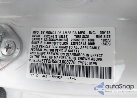 2012 Honda Crosstour Ex-L z USA, uszkodzony, nr VIN 5J6TF2H55CL008776